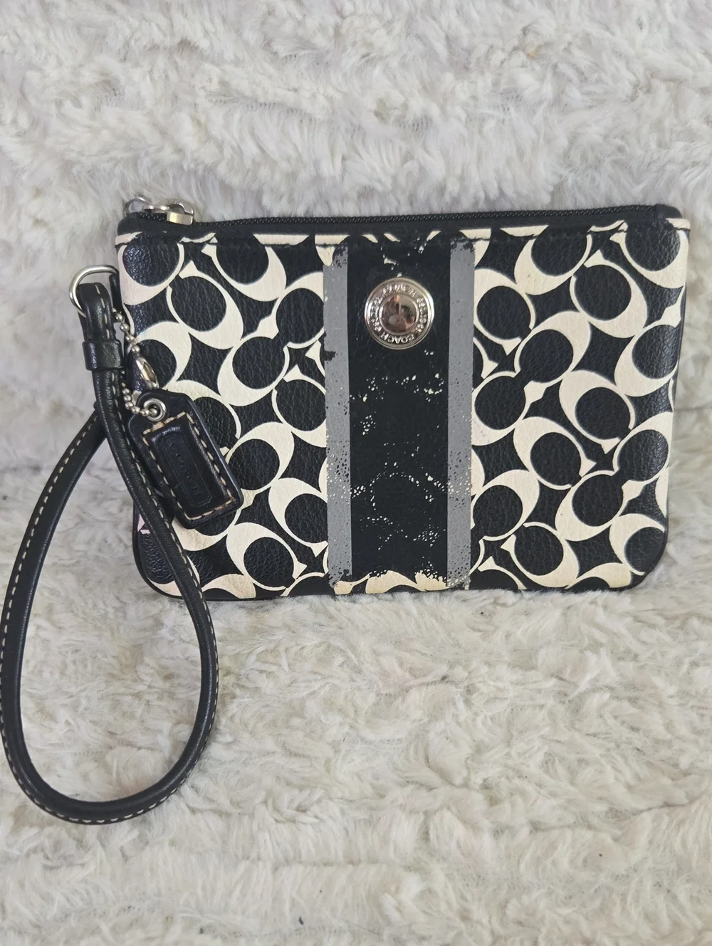 Coach Black and Ivory Signature Stripe Wristlet